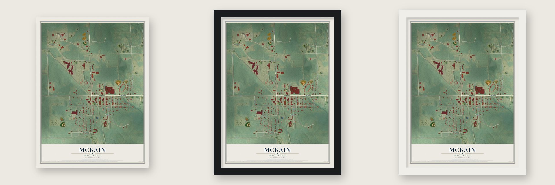 McBain, Michigan map unframed, in a black wood frame and in a white wood frame