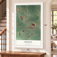 McBain, Michigan map, 24 x 36 inch print in a white frame by a staircase