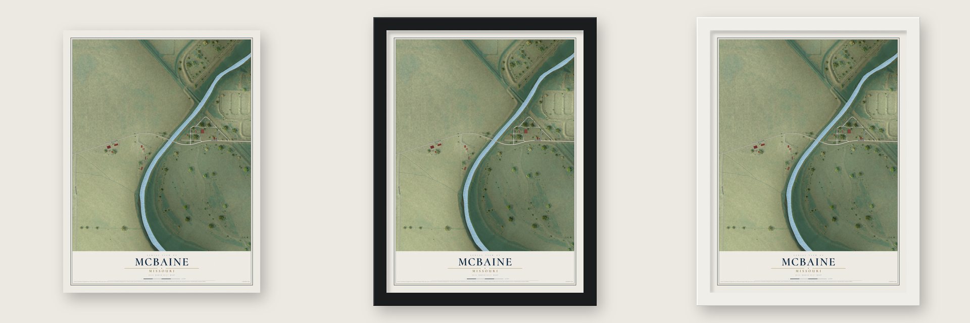 McBaine, Missouri map unframed, in a black wood frame and in a white wood frame