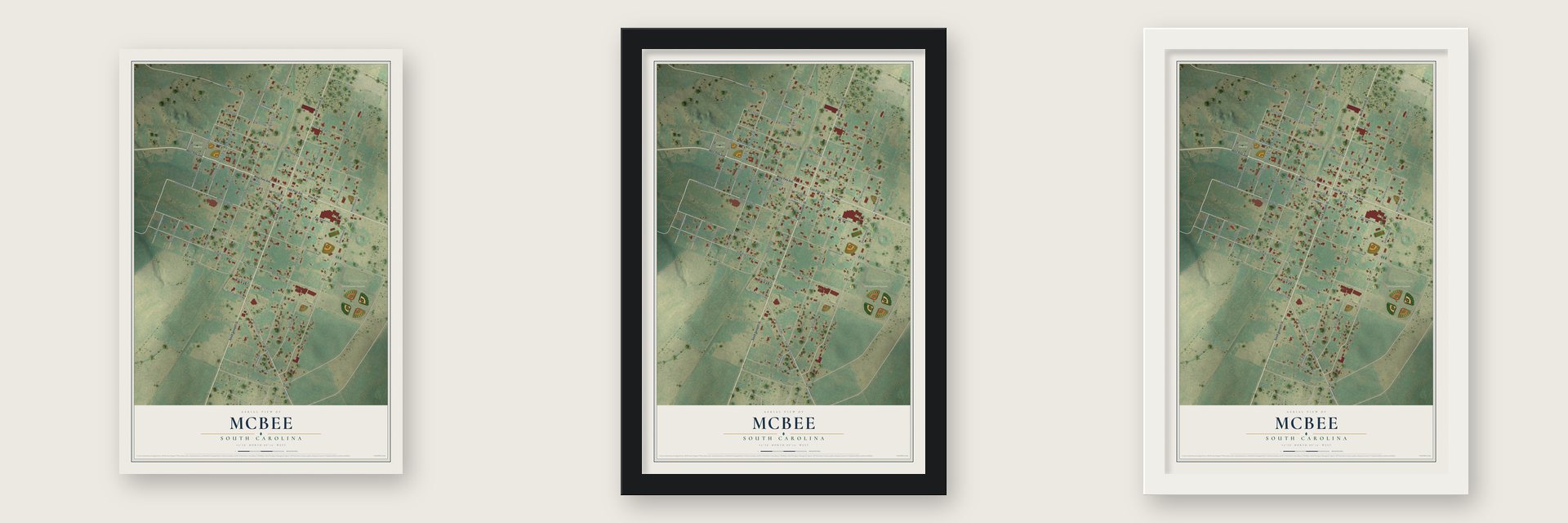 McBee, South Carolina map unframed, in a black wood frame and in a white wood frame