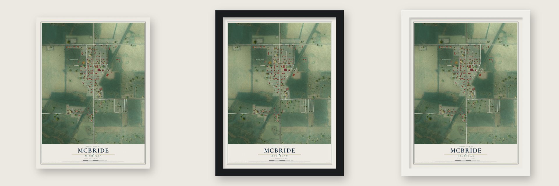 McBride, Michigan map unframed, in a black wood frame and in a white wood frame
