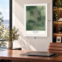 McBride, Michigan map, 18 x 24 inch print in a white frame in a home office