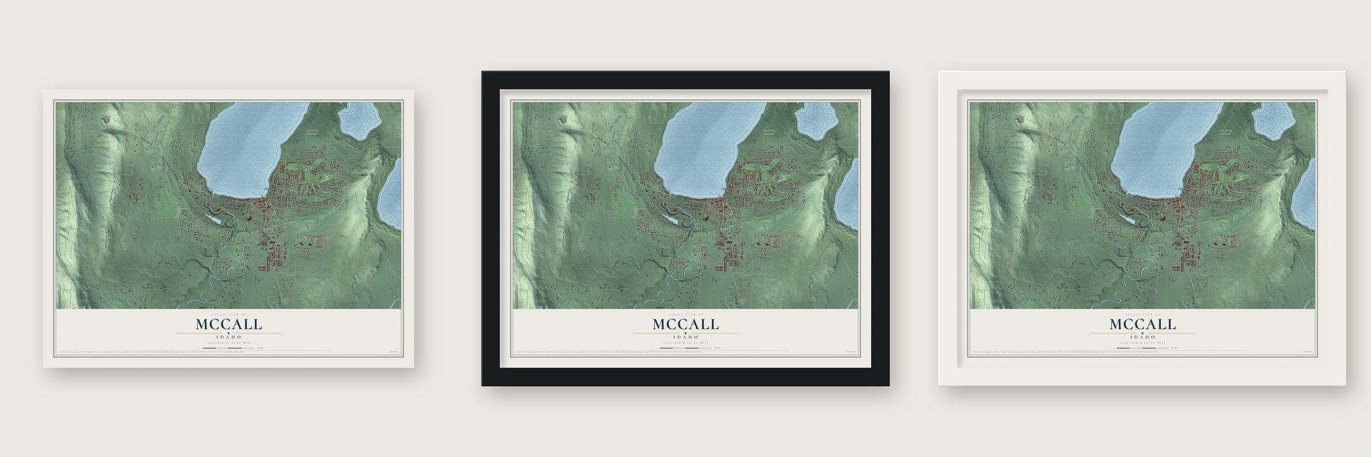 McCall, Idaho map unframed, in a black wood frame and in a white wood frame
