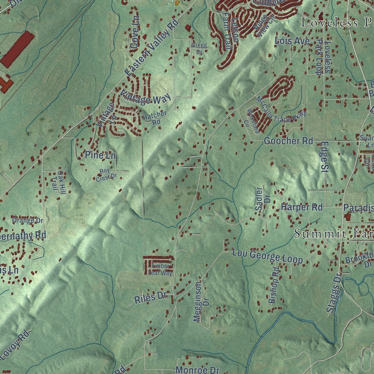 Second close-up of the map of McCalla, Alabama print showing more streets and buildings