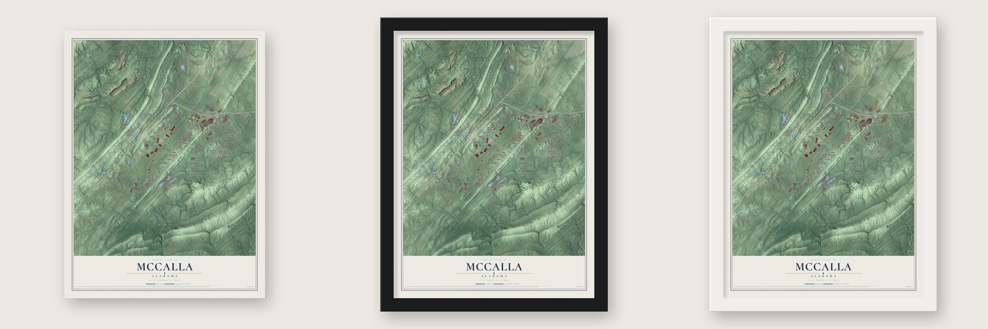 McCalla, Alabama map unframed, in a black wood frame and in a white wood frame