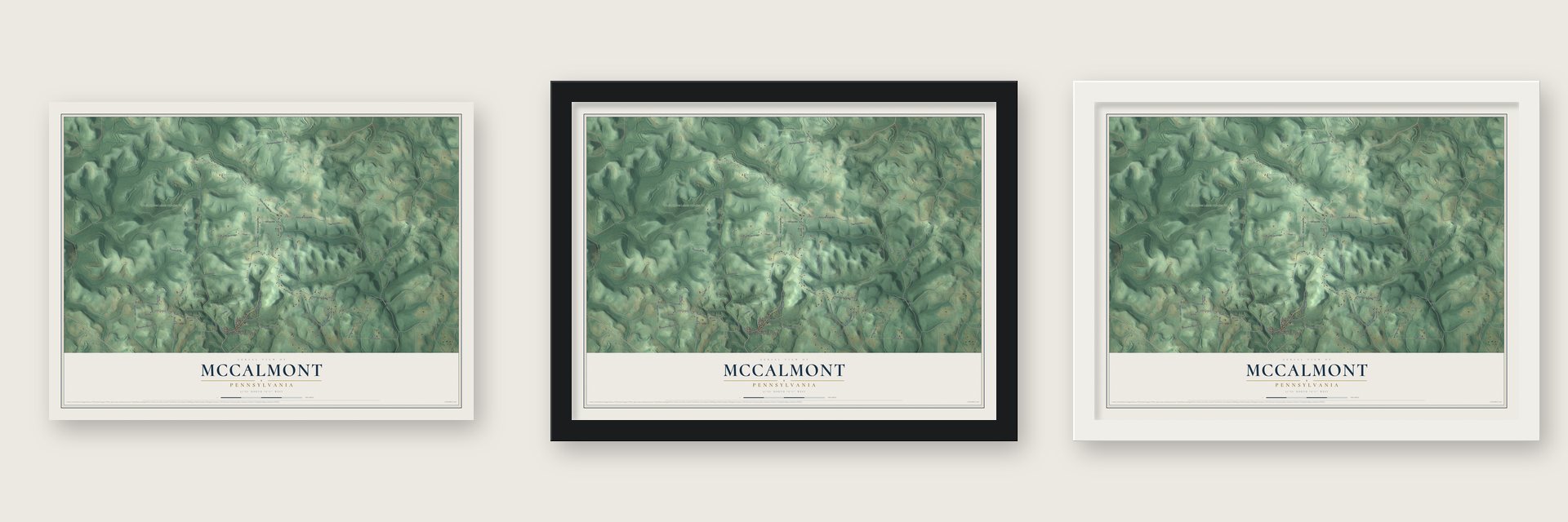 McCalmont, Pennsylvania map unframed, in a black wood frame and in a white wood frame