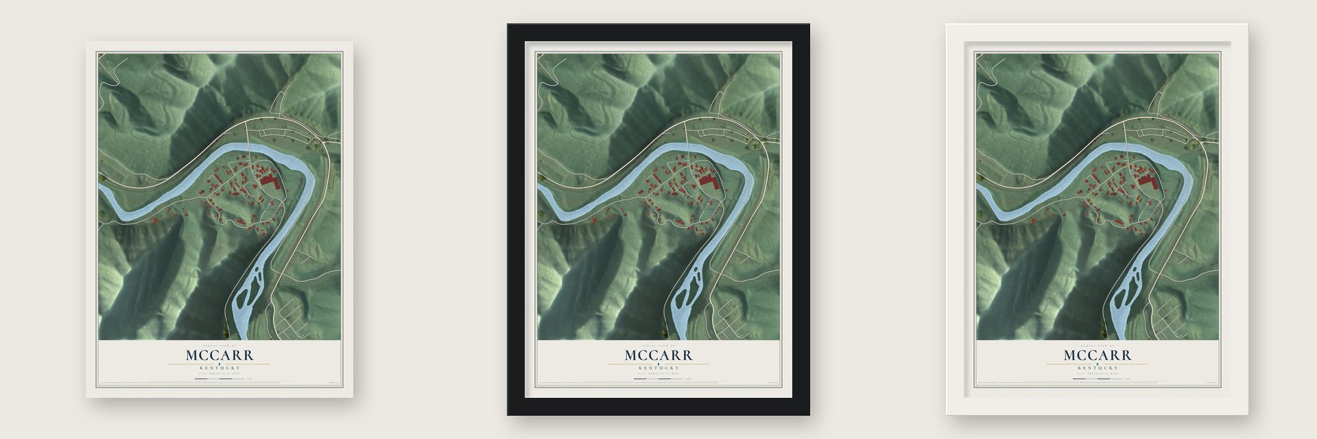 McCarr, Kentucky map unframed, in a black wood frame and in a white wood frame