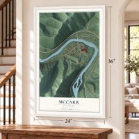 McCarr, Kentucky map, 24 x 36 inch print in a white frame by a staircase