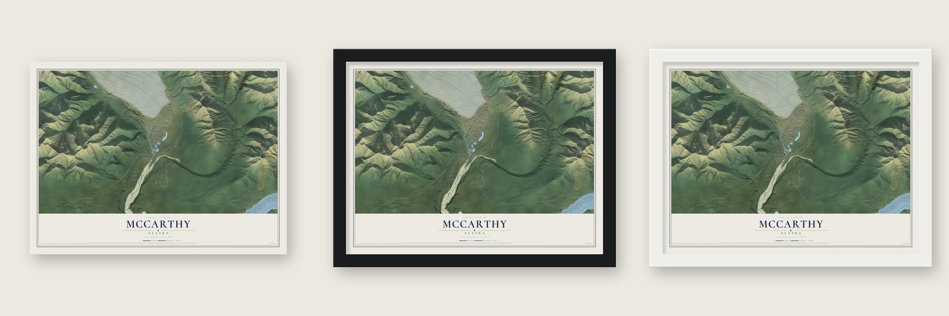 McCarthy, Alaska map unframed, in a black wood frame and in a white wood frame