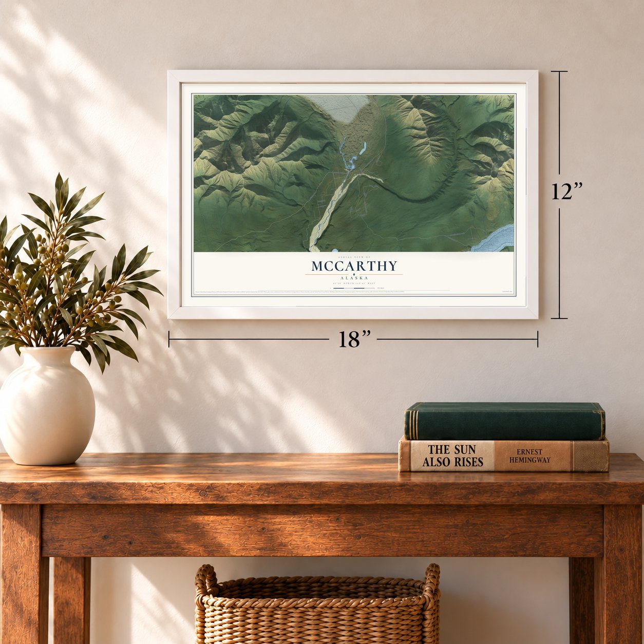 McCarthy, Alaska map, 12 x 18 inch print in a white frame in an entryway