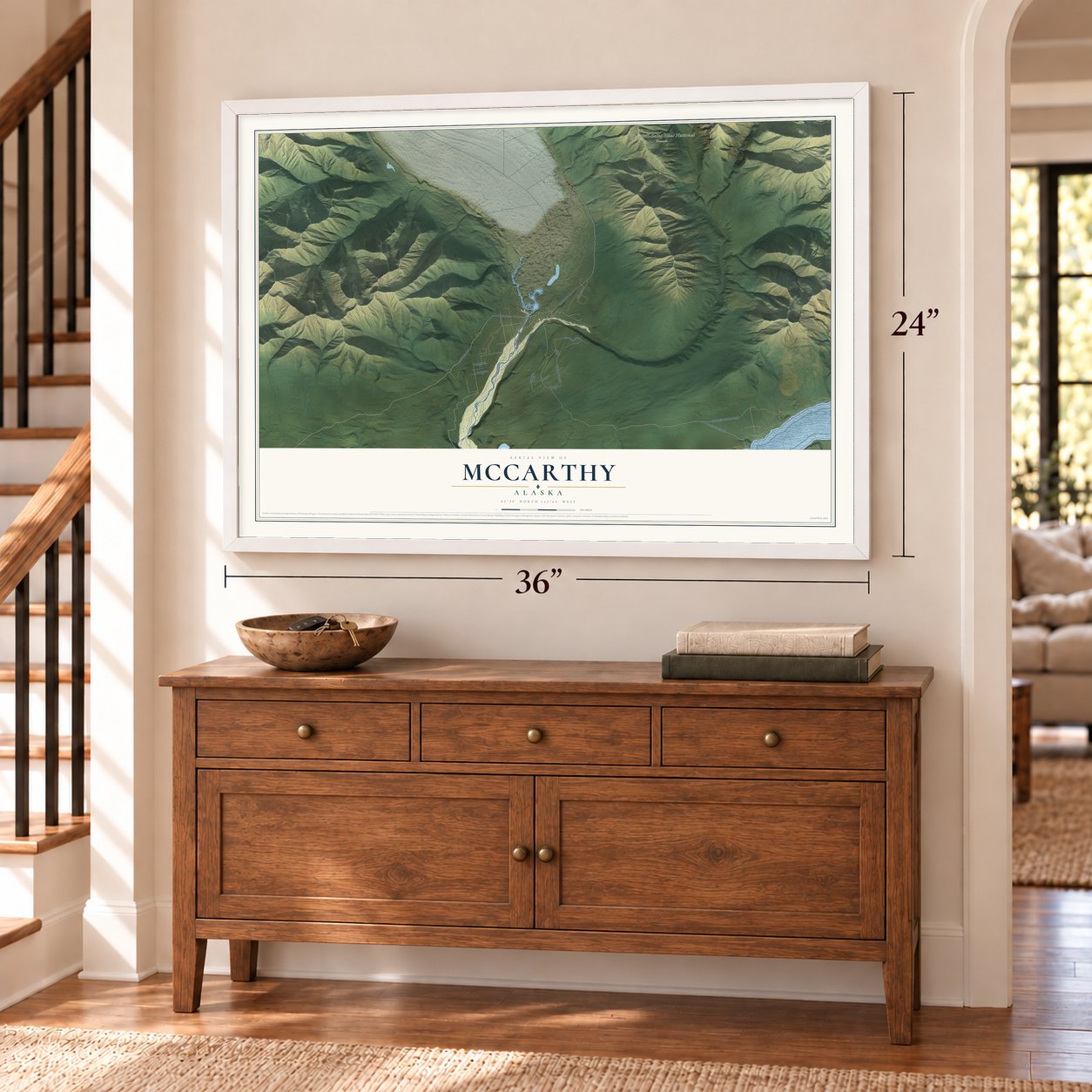 McCarthy, Alaska map, 24 x 36 inch print in a white frame above a dresser by a staircase