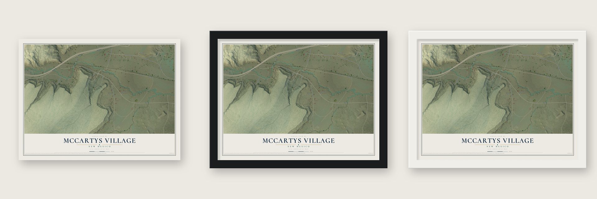 McCartys Village, New Mexico map unframed, in a black wood frame and in a white wood frame
