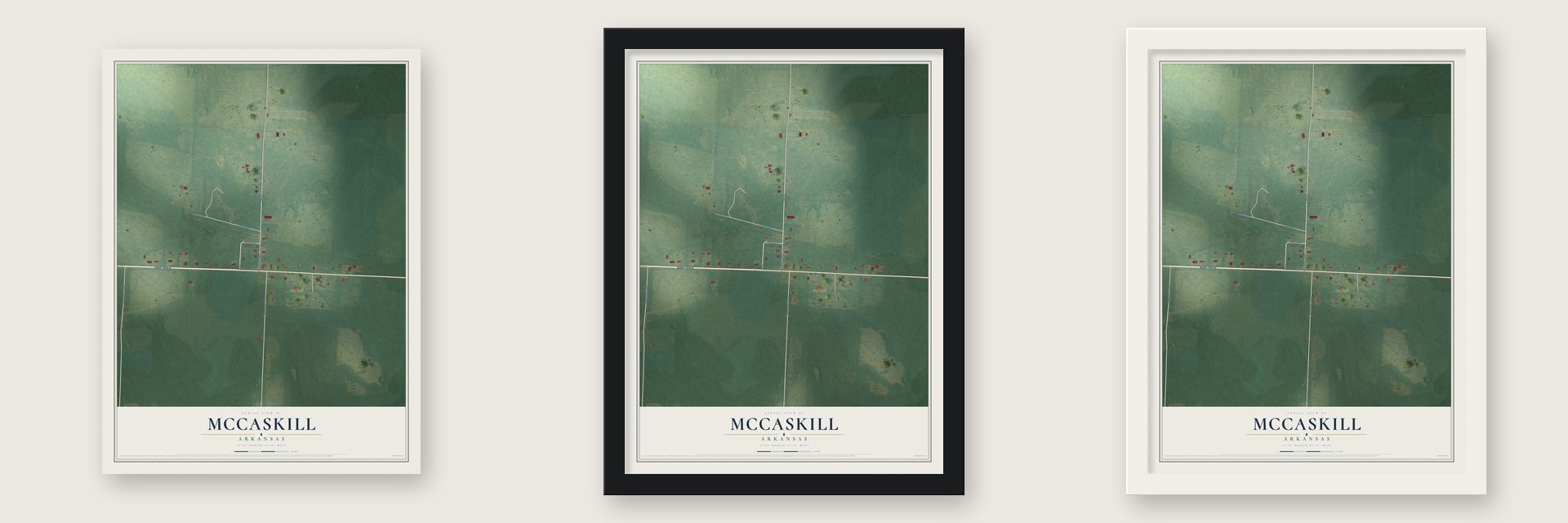 McCaskill, Arkansas map unframed, in a black wood frame and in a white wood frame