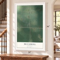 McCaskill, Arkansas map, 24 x 36 inch print in a white frame by a staircase