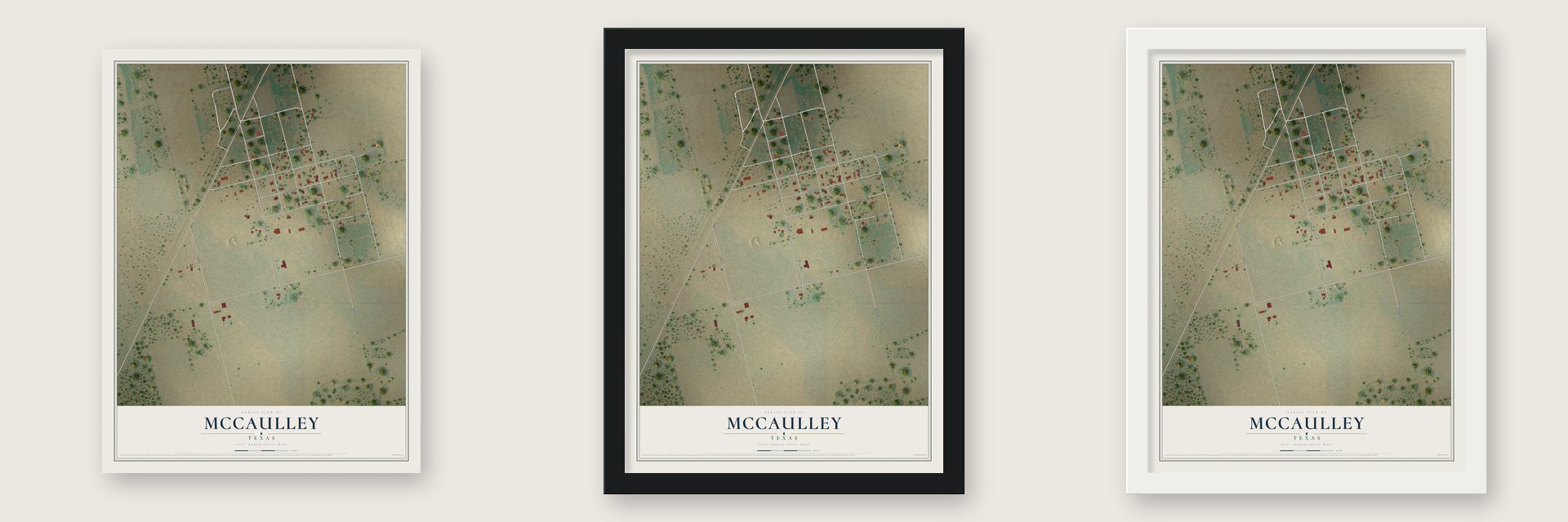 McCaulley, Texas map unframed, in a black wood frame and in a white wood frame