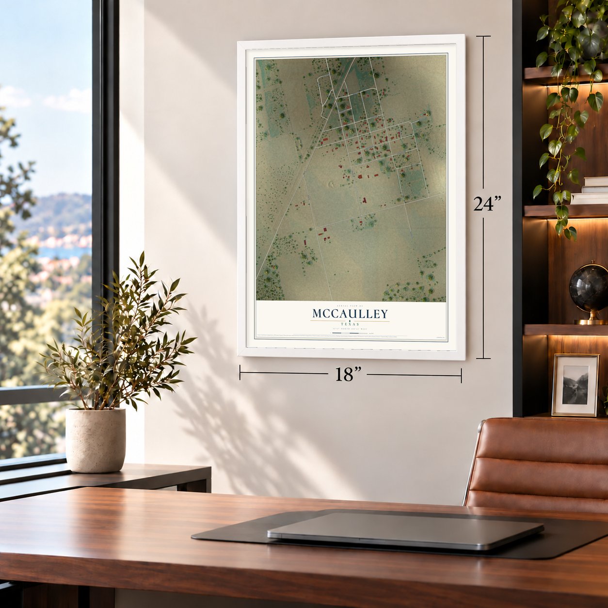 McCaulley, Texas map, 18 x 24 inch print in a white frame in a home office