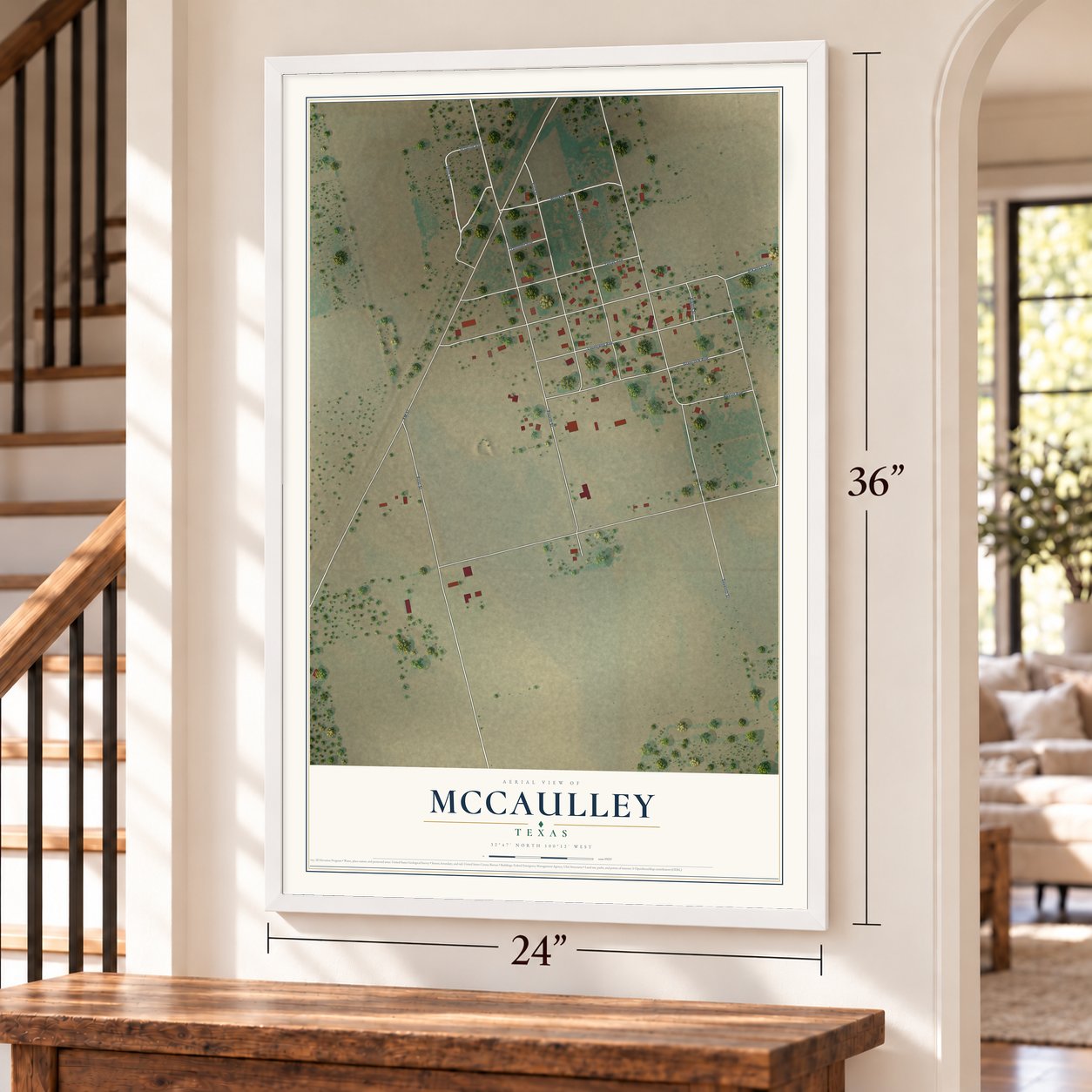McCaulley, Texas map, 24 x 36 inch print in a white frame by a staircase