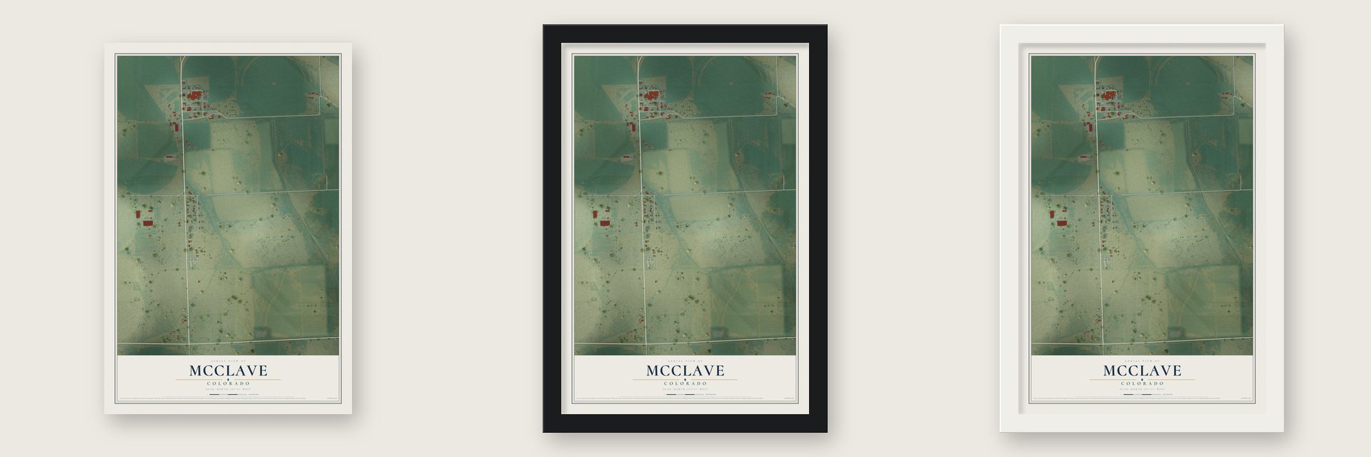 McClave, Colorado map unframed, in a black wood frame and in a white wood frame