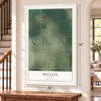 McClave, Colorado map, 24 x 36 inch print in a white frame by a staircase