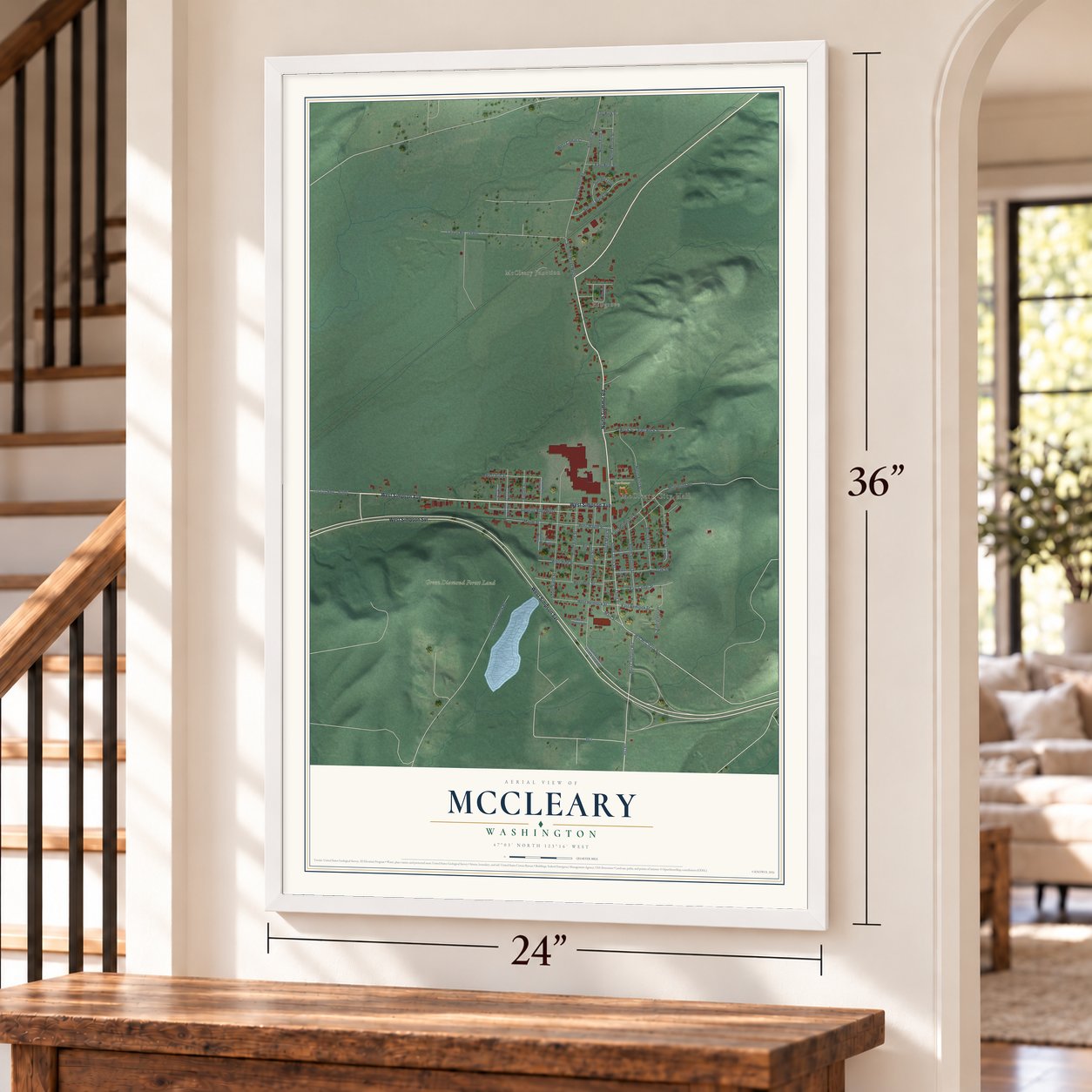 McCleary, Washington map, 24 x 36 inch print in a white frame by a staircase