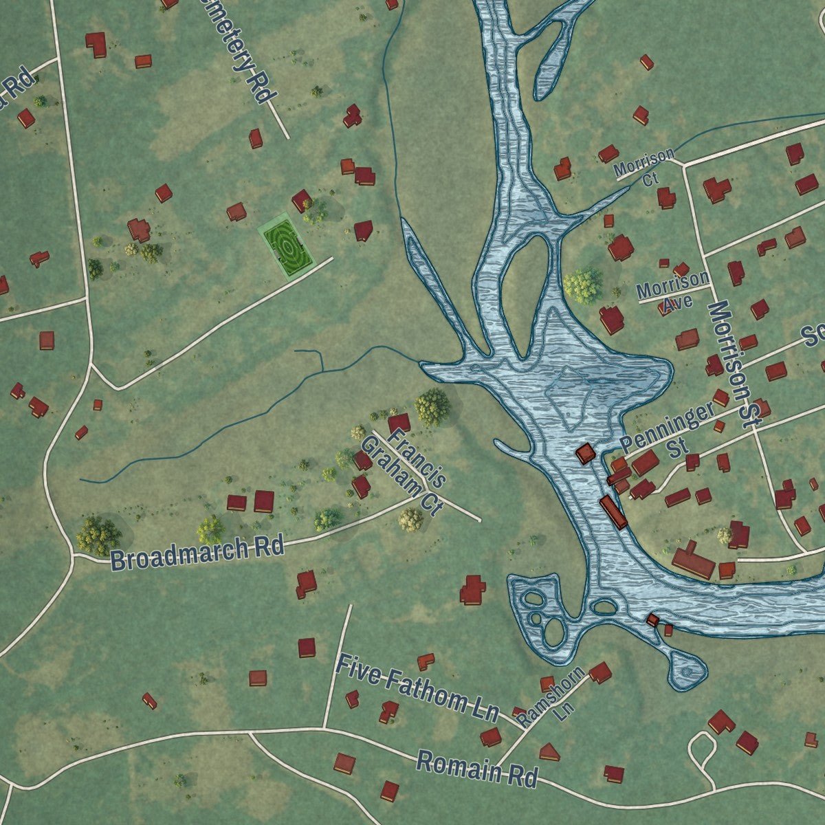 Second close-up of the map of McClellanville, South Carolina print showing more streets and buildings