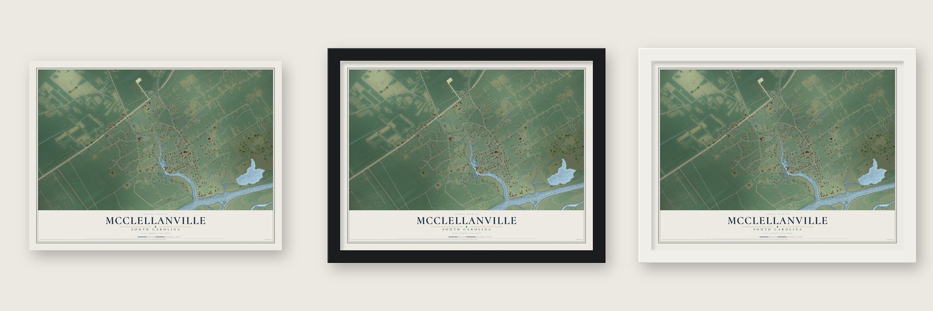 McClellanville, South Carolina map unframed, in a black wood frame and in a white wood frame