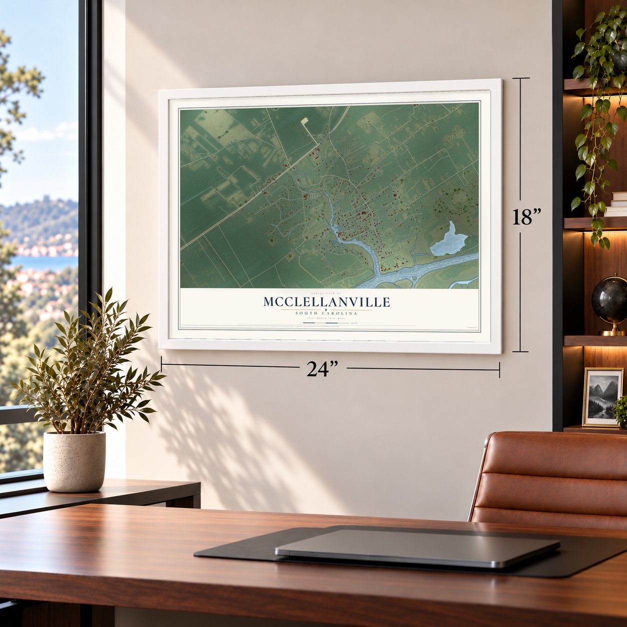 McClellanville, South Carolina map, 18 x 24 inch print in a white frame in a home office