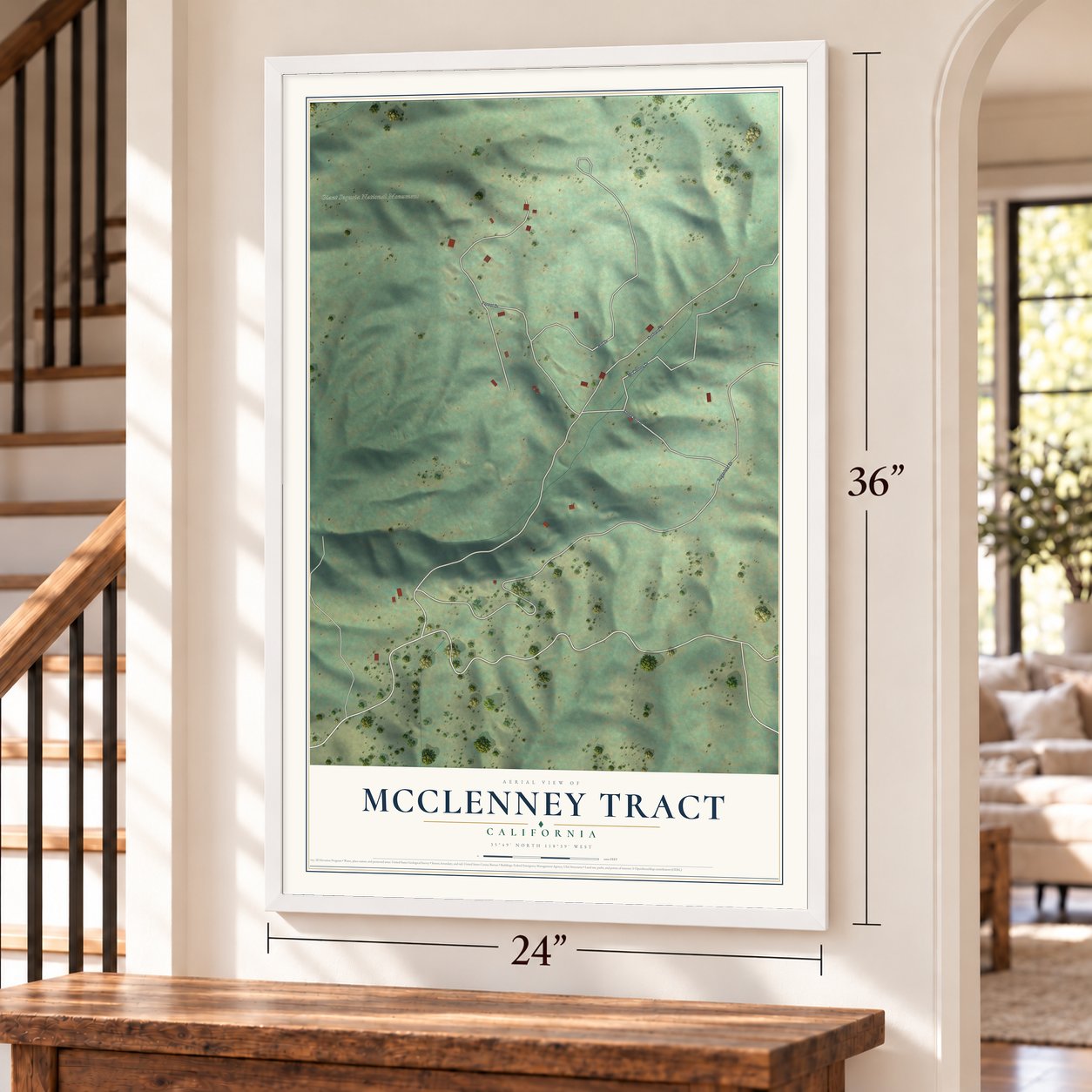 McClenney Tract, California map, 24 x 36 inch print in a white frame by a staircase