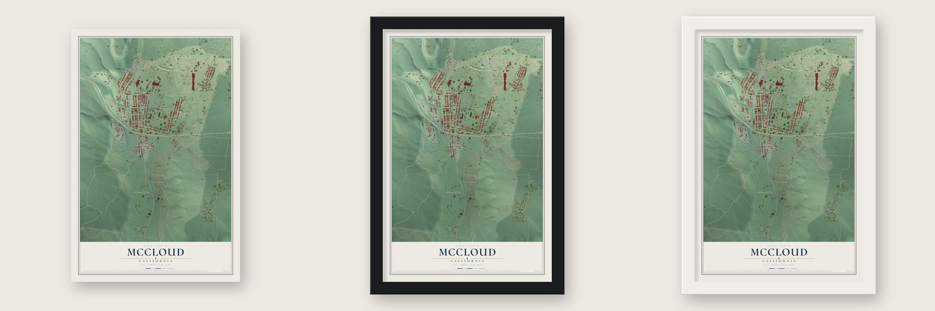 McCloud, California map unframed, in a black wood frame and in a white wood frame