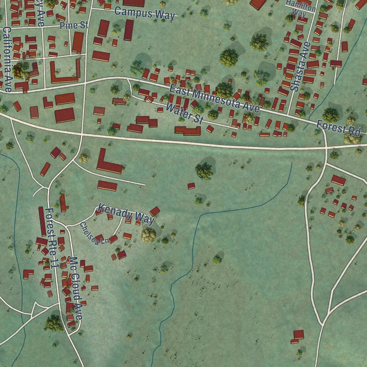 Second close-up of the map of McCloud, California print showing more streets and buildings