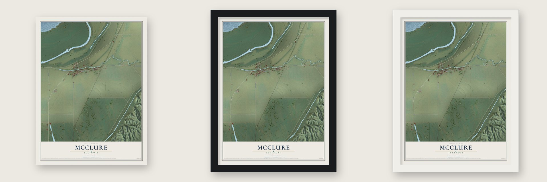 McClure, Illinois map unframed, in a black wood frame and in a white wood frame