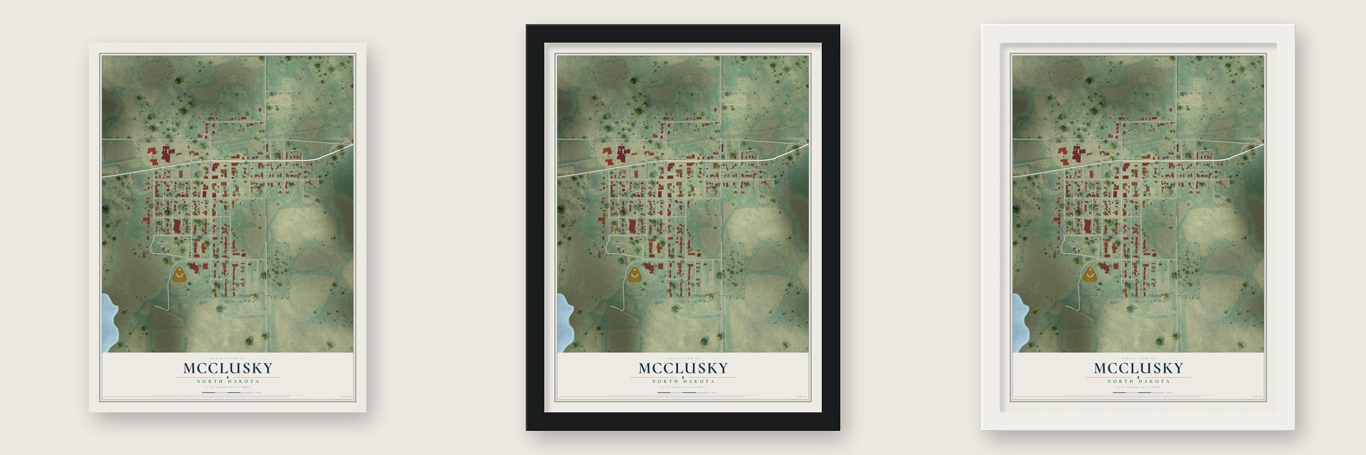 McClusky, North Dakota map unframed, in a black wood frame and in a white wood frame