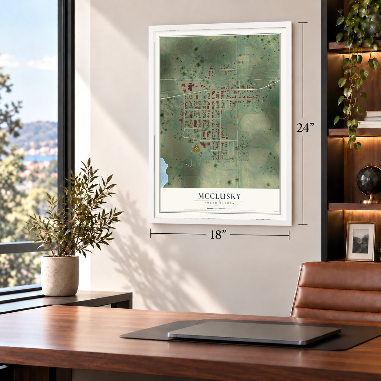 McClusky, North Dakota map, 18 x 24 inch print in a white frame in a home office