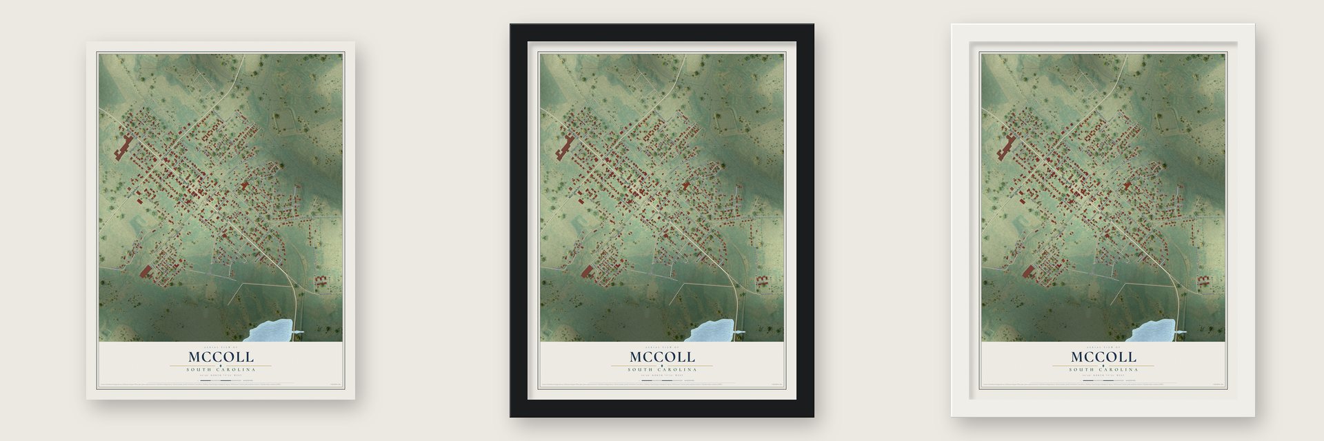 McColl, South Carolina map unframed, in a black wood frame and in a white wood frame