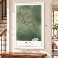 McColl, South Carolina map, 24 x 36 inch print in a white frame by a staircase