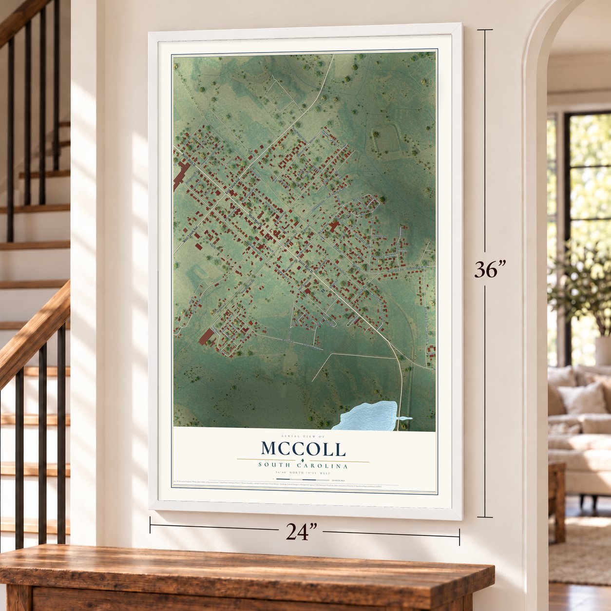 McColl, South Carolina map, 24 x 36 inch print in a white frame by a staircase