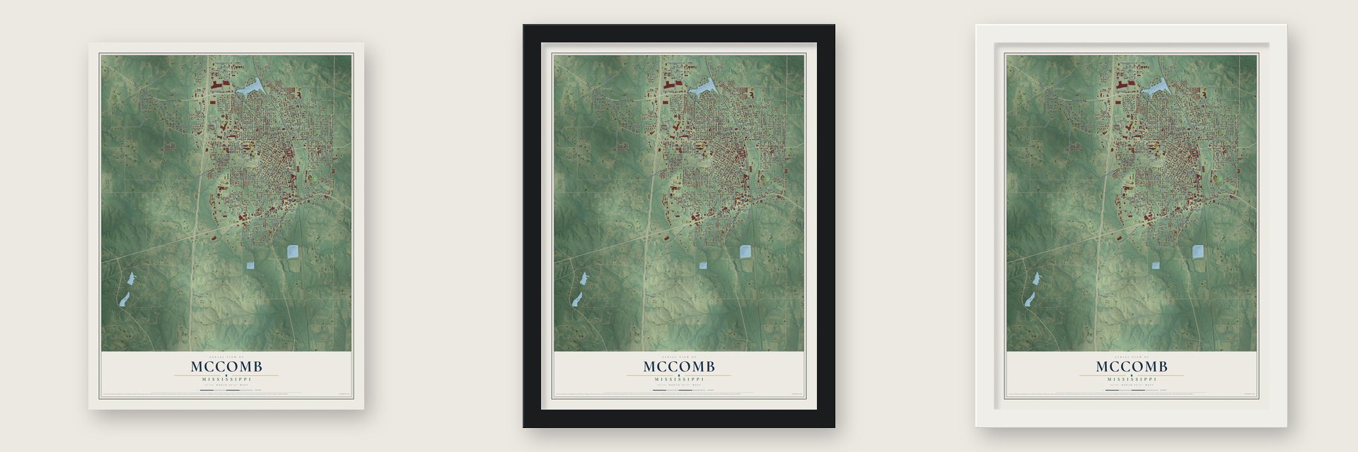 McComb, Mississippi map unframed, in a black wood frame and in a white wood frame