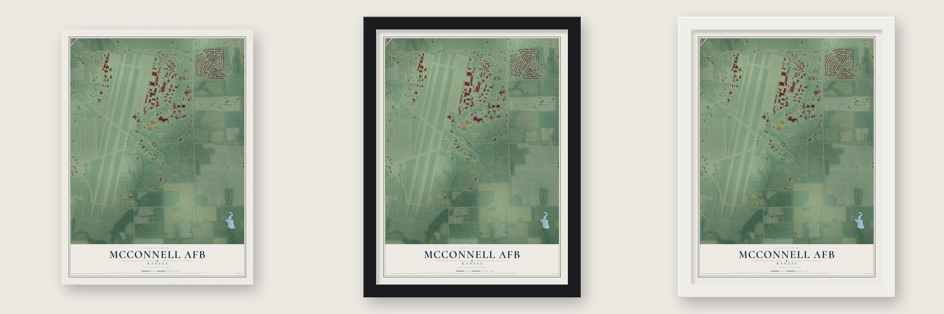 McConnell AFB, Kansas map unframed, in a black wood frame and in a white wood frame
