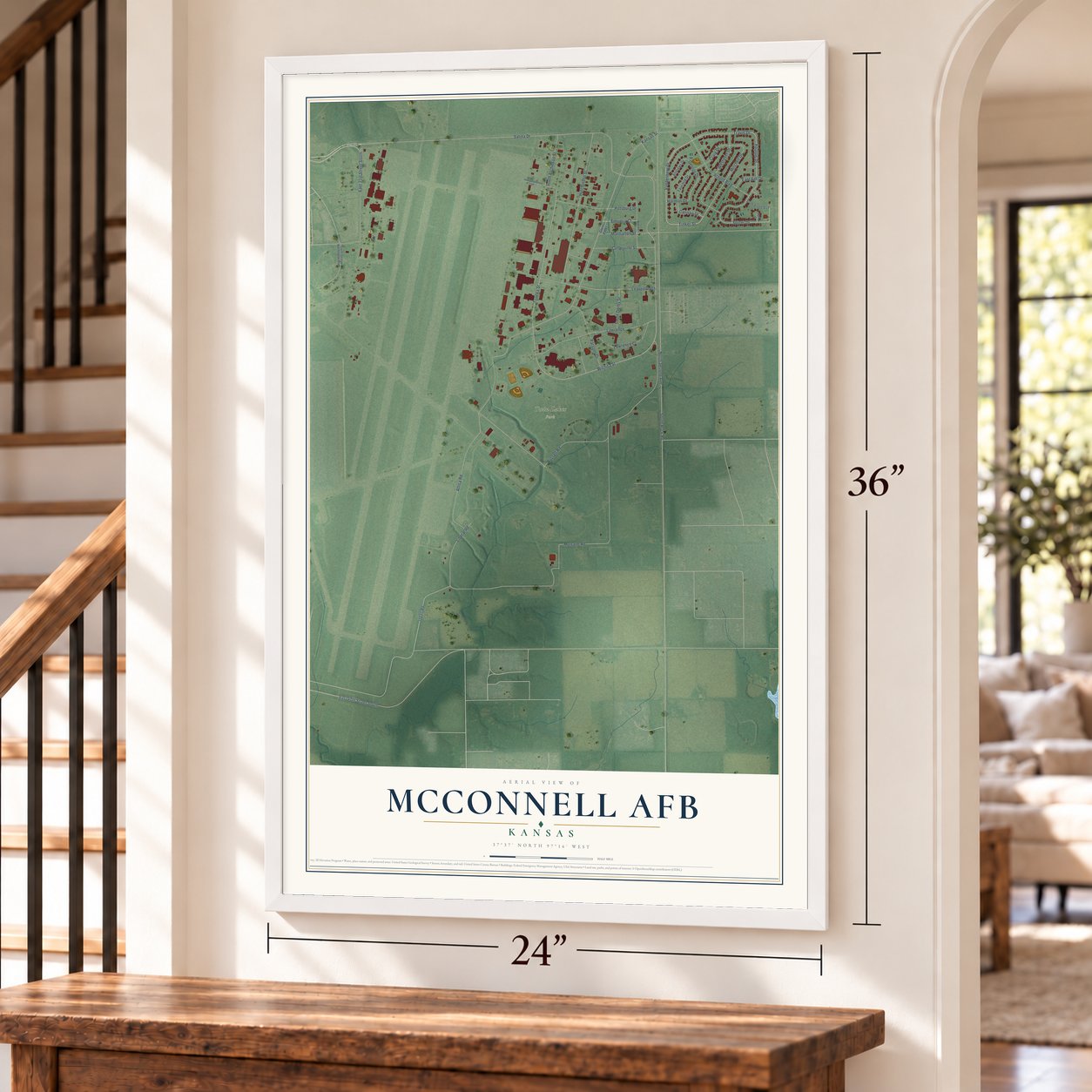 McConnell AFB, Kansas map, 24 x 36 inch print in a white frame by a staircase