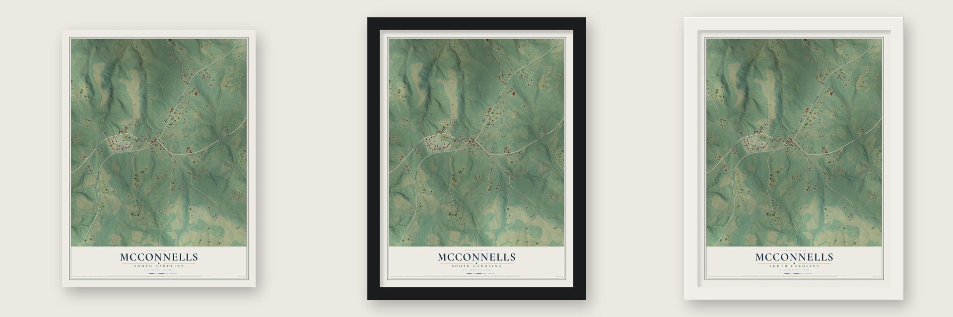 McConnells, South Carolina map unframed, in a black wood frame and in a white wood frame