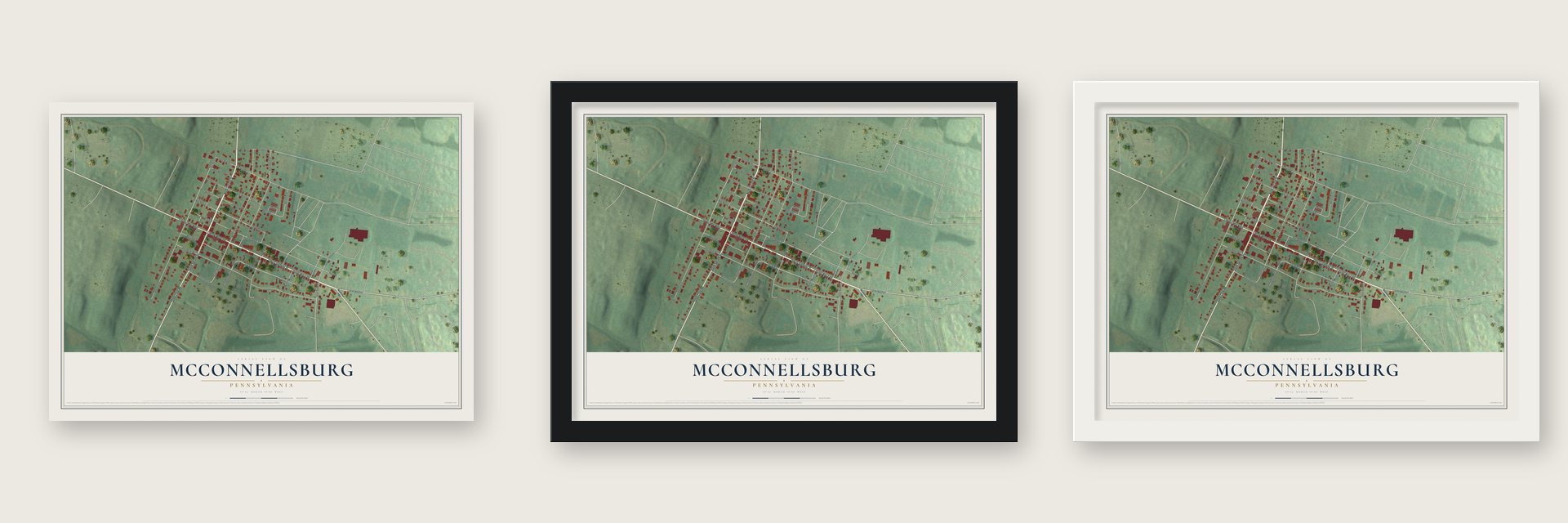 McConnellsburg, Pennsylvania map unframed, in a black wood frame and in a white wood frame