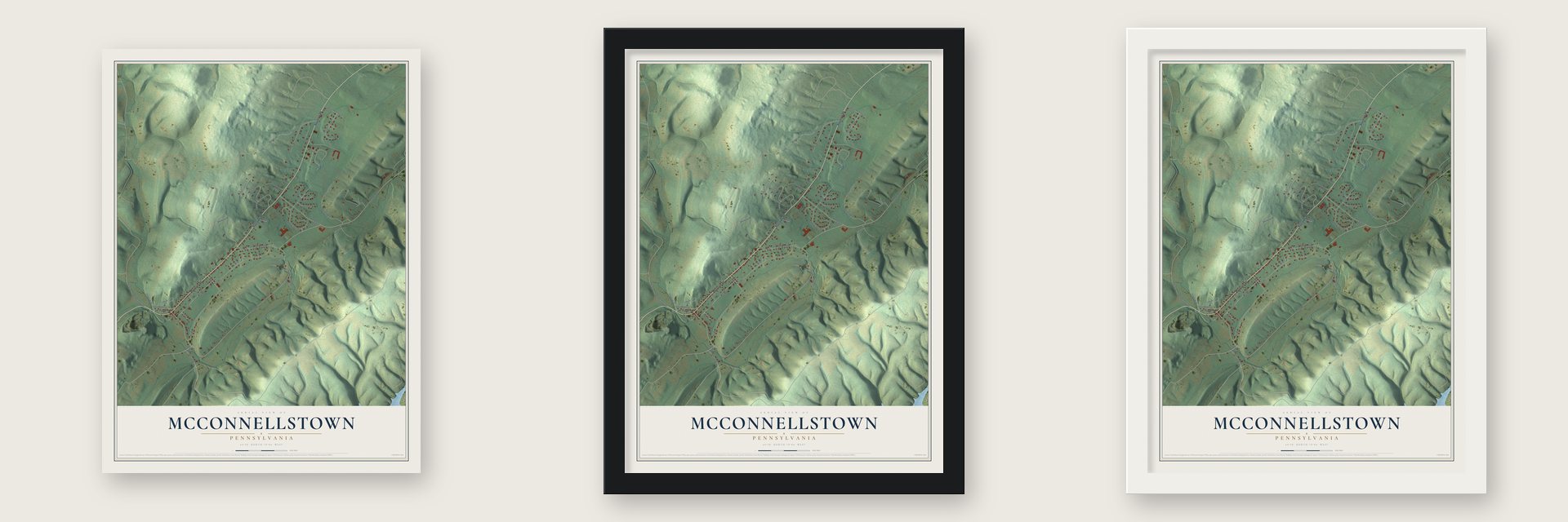 McConnellstown, Pennsylvania map unframed, in a black wood frame and in a white wood frame
