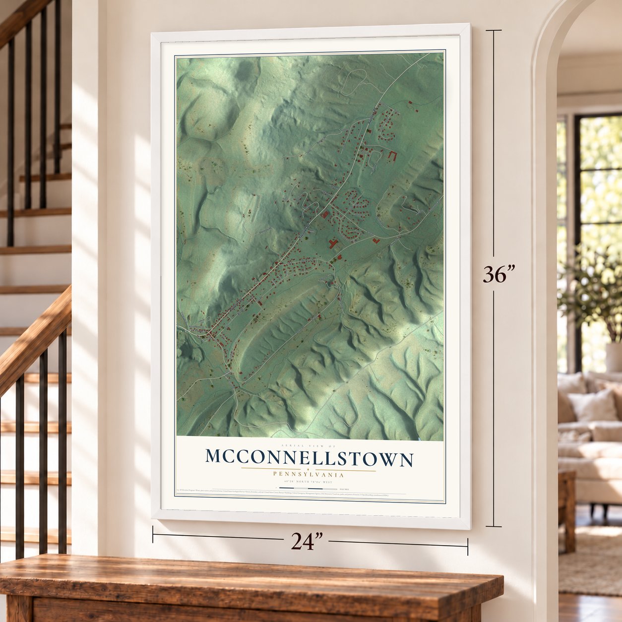 McConnellstown, Pennsylvania map, 24 x 36 inch print in a white frame by a staircase