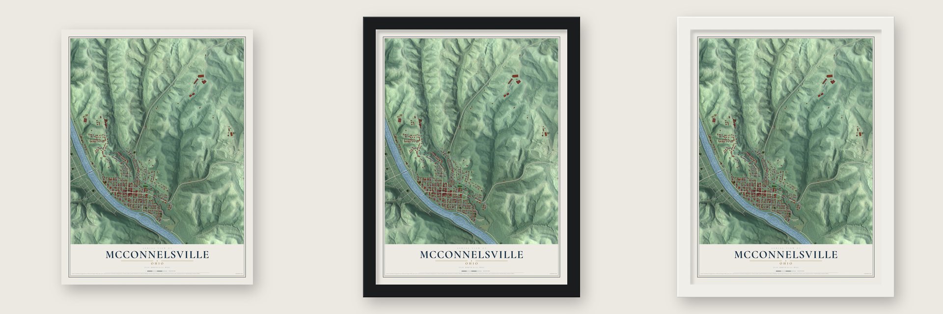 McConnelsville, Ohio map unframed, in a black wood frame and in a white wood frame