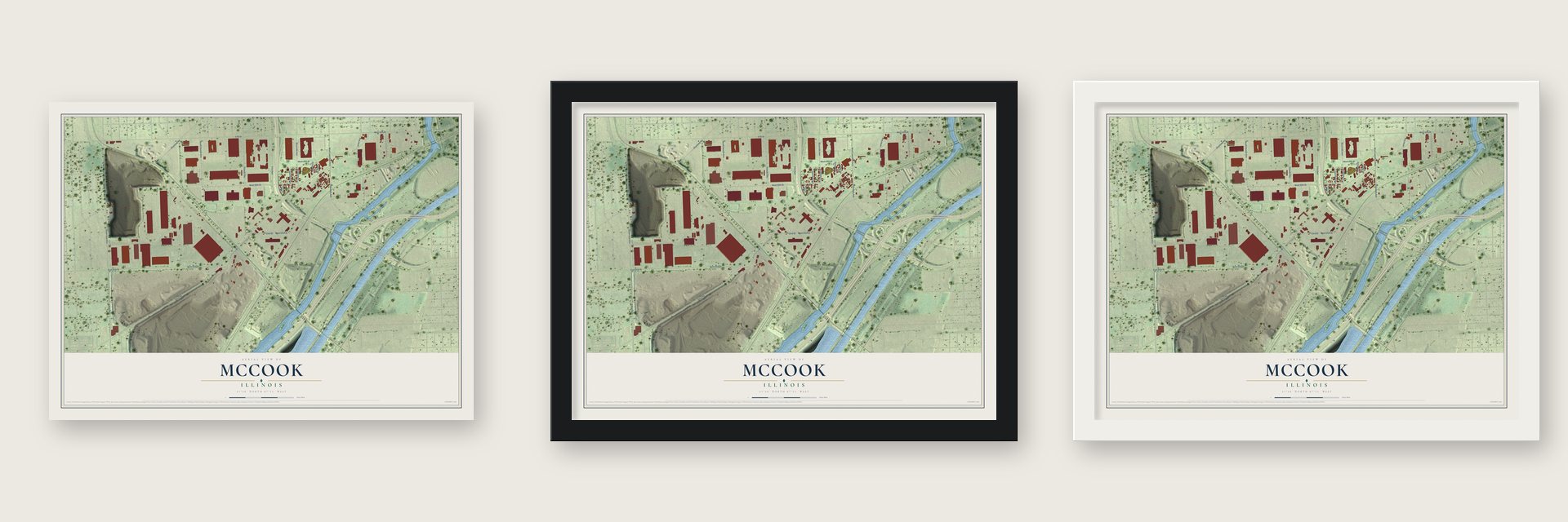 McCook, Illinois map unframed, in a black wood frame and in a white wood frame