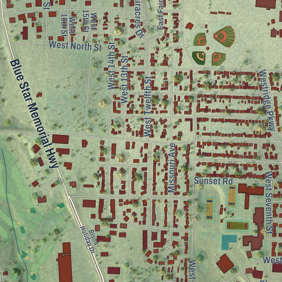 Second close-up of the map of McCook, Nebraska print showing more streets and buildings