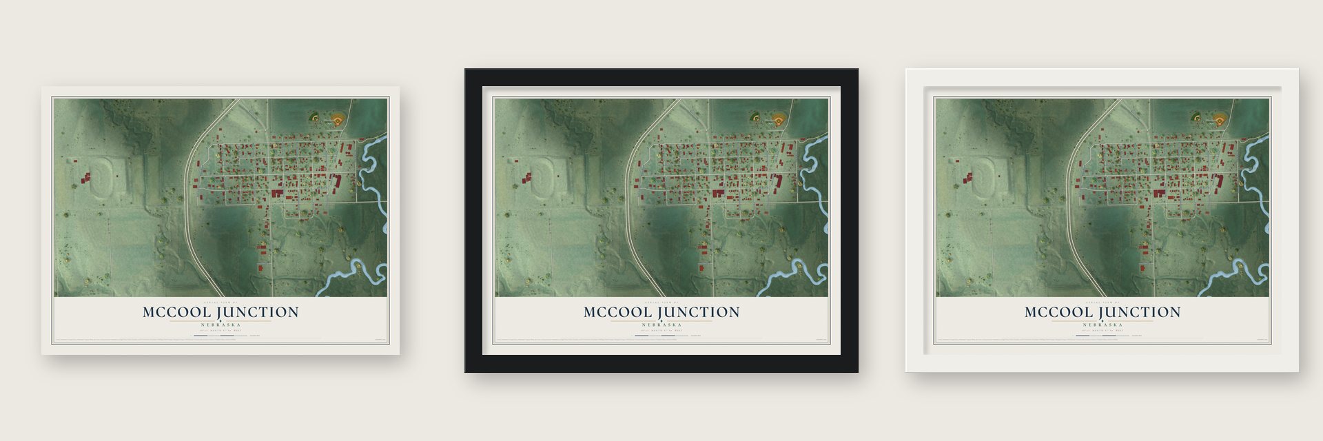 McCool Junction, Nebraska map unframed, in a black wood frame and in a white wood frame