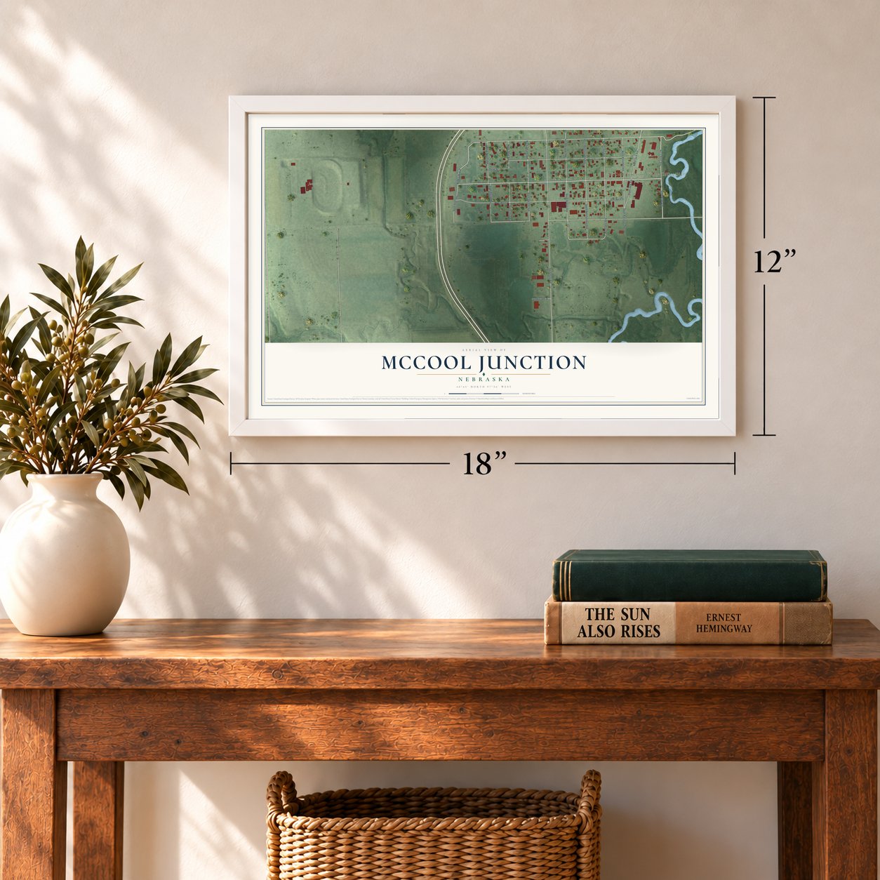 McCool Junction, Nebraska map, 12 x 18 inch print in a white frame in an entryway