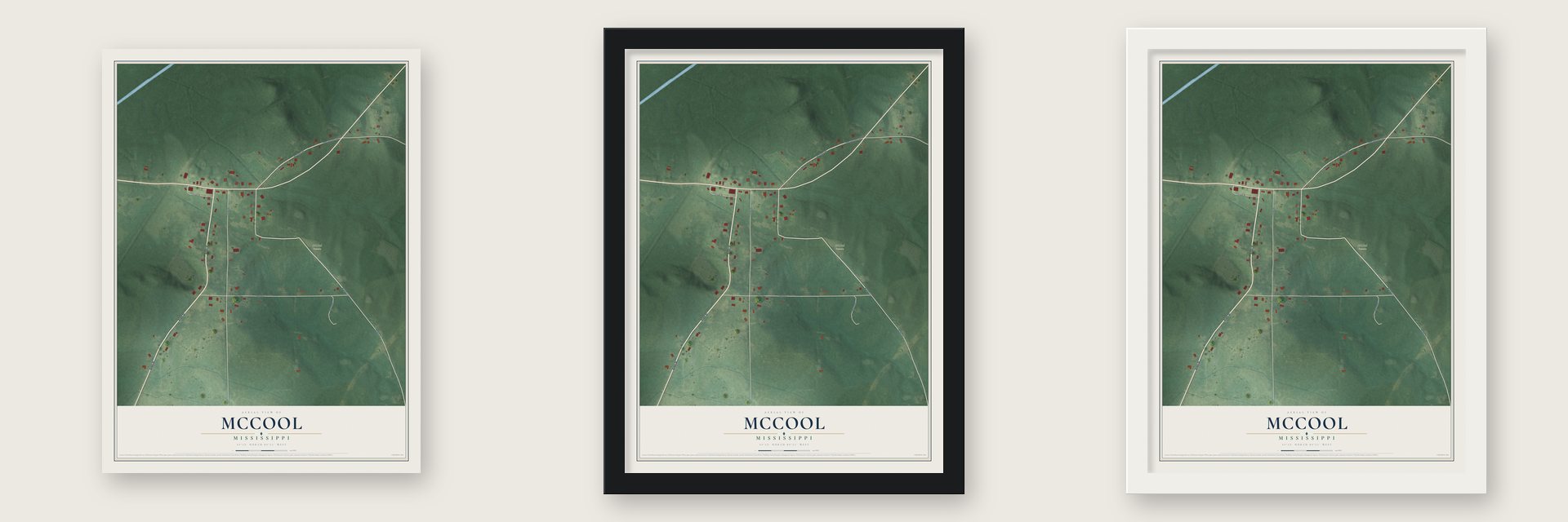 McCool, Mississippi map unframed, in a black wood frame and in a white wood frame