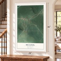 McCool, Mississippi map, 24 x 36 inch print in a white frame by a staircase